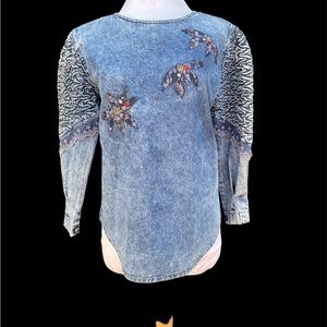 Vintage Distressed Cowgirl Western Line Dancing Denim Top Embroidered